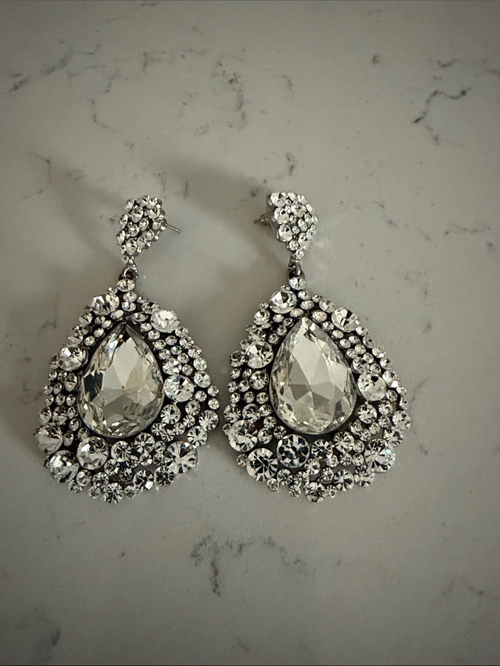 Clear Crystal Teardrop Statement Earrings - Silver Tone